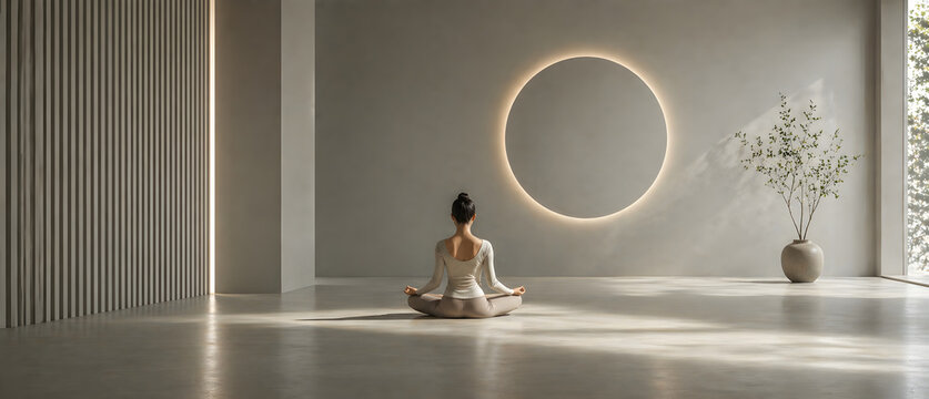 Mindfulness and Balance &ndash; Woman Meditating in Minimal Room with Glowing Circular Wall