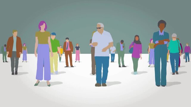 Diverse crowd of animated people standing and walking together in a white space