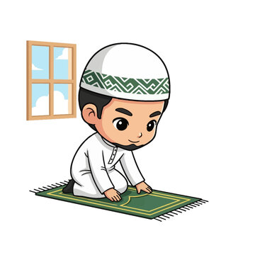 Cute chibi Muslim man kneeling on a green prayer mat in a room. He wears a white thobe and patterned kufi. A window with blue sky is in the background. Vector illustration.