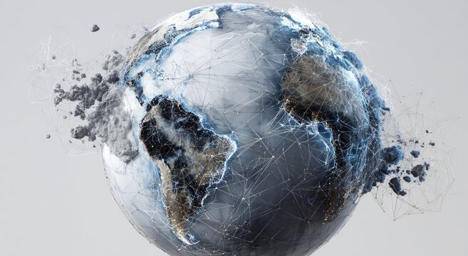 Abstract digital earth exploding with glowing connections on light grey background