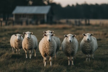 Naklejka premium sheep herd in open field with blurred farmhouse and overcast sky, livestock farming, agriculture, countryside landscape