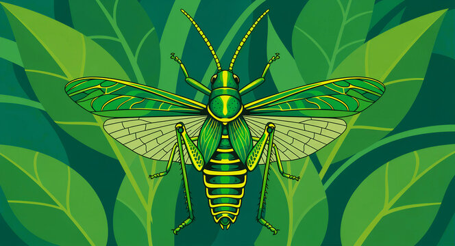 Green grasshopper illustration with wings spread over lush leaves. Detailed insect art showing anatomy and camouflage. Nature and wildlife concept for educational and biology media.