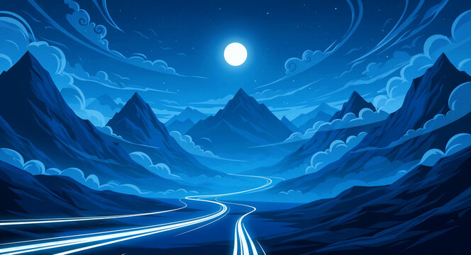 Winding road through a mountain valley under a full moon. Light trails follow the curve of the highway beneath a starry night sky. Travel journey concept for adventure and marketing designs.