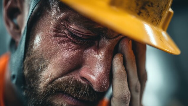 A tired construction worker in a yellow hard hat wipes sweat from his eyes