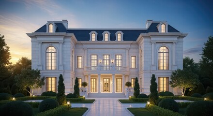Fototapeta premium luxury modern mansion at dusk with warm lighting and manicured garden exterior