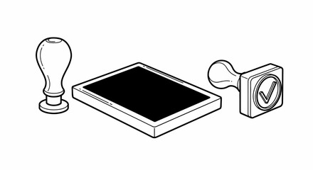 Hand-drawn isometric illustration of rubber stamps and ink pad © jaka-Stock