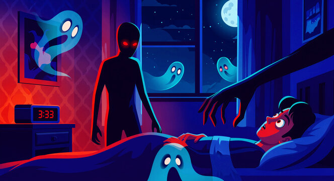 Man experiencing sleep paralysis with ghosts and shadow figures in his bedroom at night. Surreal illustration of a person terrified by supernatural entities. Nightmare and sleep disorder concept.