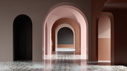Fototapeta premium Endless arched corridor with patterned floor and soft light