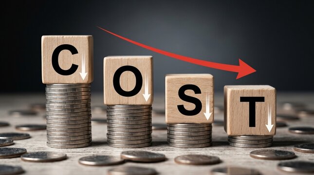 Cost Reduction Concept: Stacks of coins with wooden blocks spelling 'COST', descending arrow symbolizing decrease