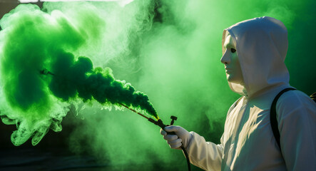 Naklejka premium Person in a white protective suit and mask spraying a thick cloud of green smoke. Dispersal of vibrant toxic-looking gas into the air. Environmental pollution concept, ideal for dystopian themes.