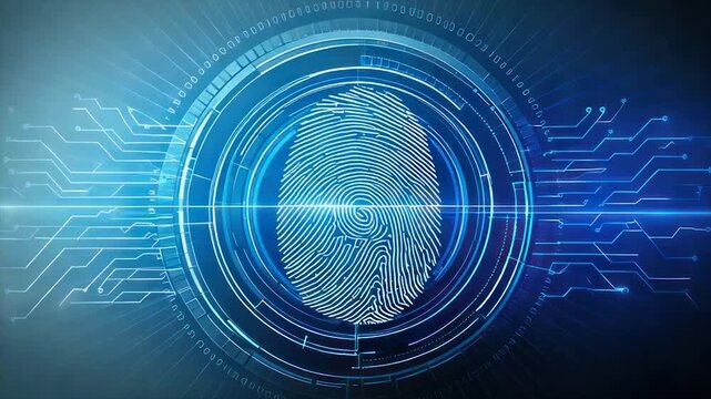 A digital fingerprint, central within concentric blue circuits, representing technology and security