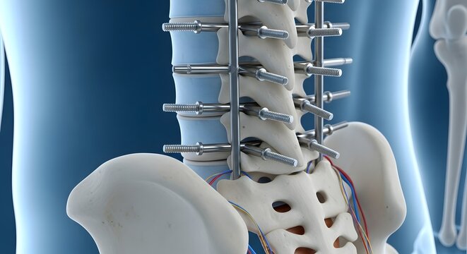 Lumbar spine fusion surgery with pedicle screws and rods orthopedic fixation concept