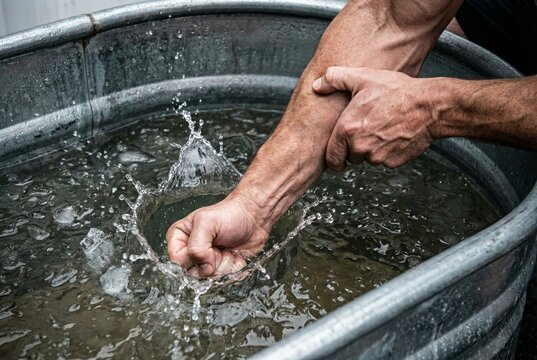 Male Fists Plunging into Icy Water with Splash Inside Galvanized Steel Tub Close-Up Action Shot