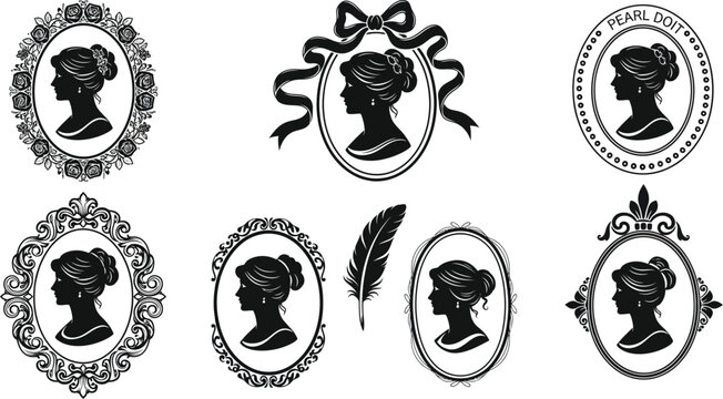 Vintage ornate cameo silhouette illustrations featuring a woman portrait in decorative victorian style frames with ribbons and feathers silhouette decorative victorian classical portrait