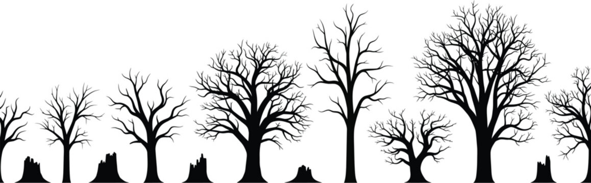 Set of deciduous tree silhouettes without leaves and cut tree stumps environmental graphic elements showing forest growth and clearing silhouette environment branches leafless deforestation