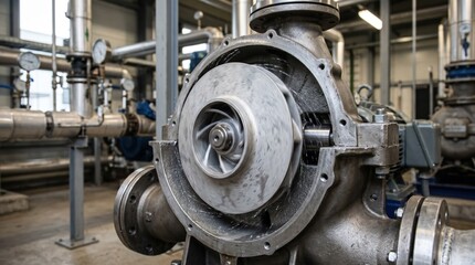 Fototapeta premium Industrial medium shot highlighting an impeller made from sustainable lowimpact alloys spinning inside a pump emphasizing green technology.