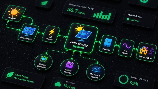 Diagram of a modern solar energy system with components and data display