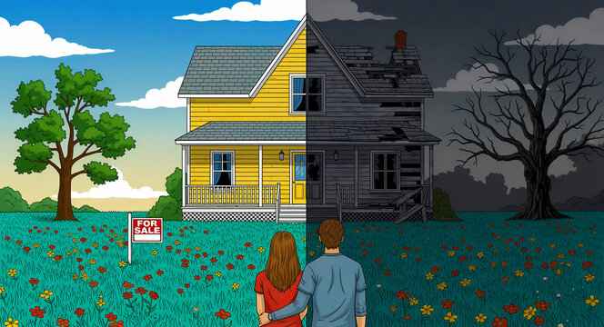 Couple viewing house split between renovated and dilapidated states. Contrast between a sunny new home and a dark abandoned ruin. Real estate flipping concept, ideal for restoration marketing.