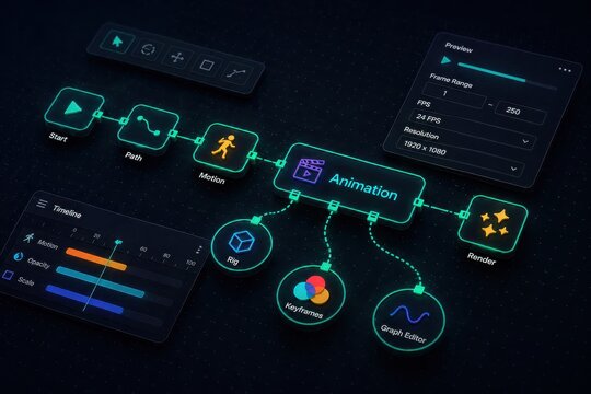 Digital animation timeline interface showing motion and editing workflow with keyframes and render options