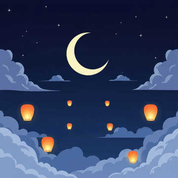 Vector illustration of a dark blue night sky featuring a large yellow crescent moon, glowing orange paper lanterns floating among fluffy stylized clouds and sparkling stars.