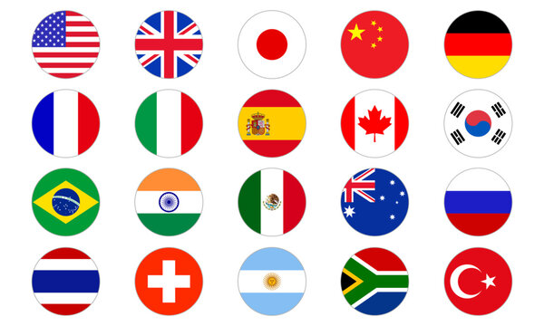 20カ国の国旗セット（円形アイコン）/ World Flags Set of 20 Countries Round Icon Collection