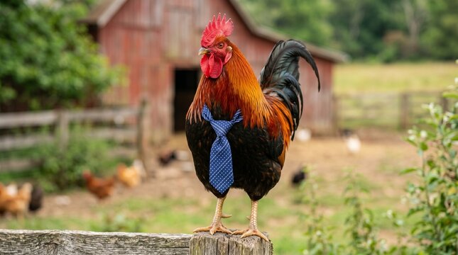 Rooster wearing blue tie standing on fence post in farm yard