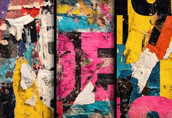 Fototapeta premium Layered torn posters reveal vibrant colors and fragmented text on a rough surface
