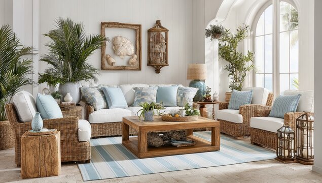 Bright coastal living room with wicker furniture, light colors, and lush greenery