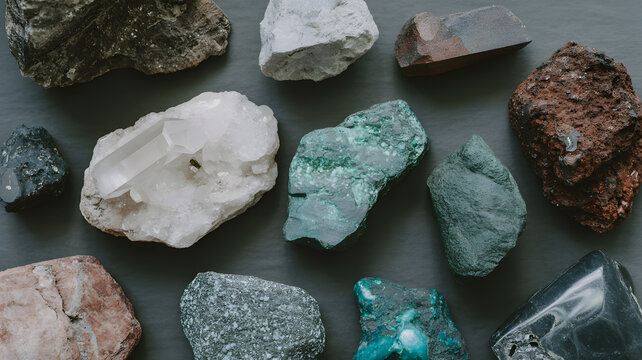 A collection of various colorful rocks and minerals on a gray surface