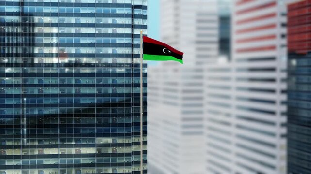 Libya Flag 3D Render Animation on Pole with Modern City Buildings - Shallow Depth of Field, Daytime View