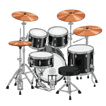 Professional black drum kit with metallic cymbals isolated on white background.