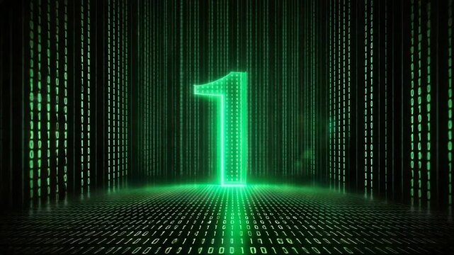 A glowing green number "1" stands out in a binary code-filled digital landscape