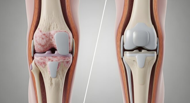 Knee replacement surgery before and after osteoarthritis damaged joint vs artificial implant comparison