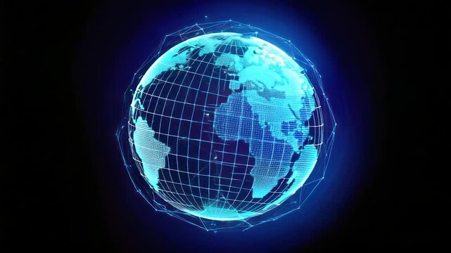 Glowing digital globe in a dark space, connected by lines and points