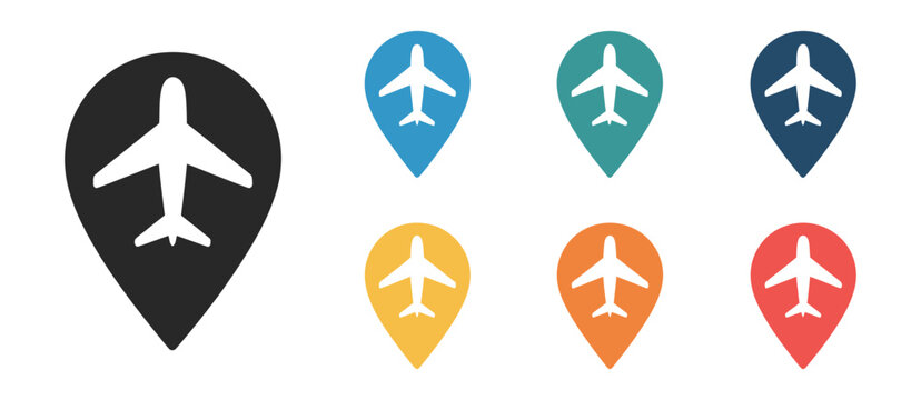 Airplane map icon, flight location graphics, travel marker symbols, aviation navigation concept, vector illustration