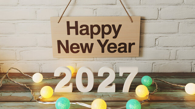 A festive Happy New Year sign with colorful lights and the year 2027 on a wooden table
