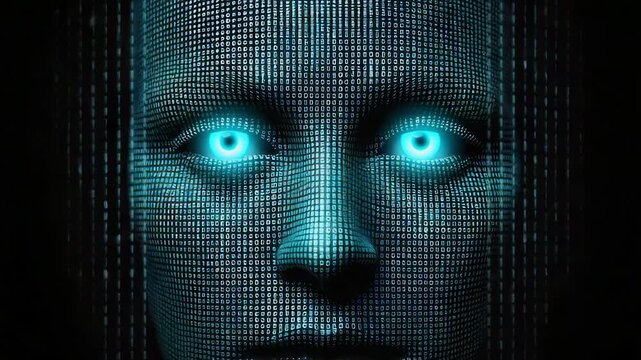 A human face formed from binary code with glowing blue eyes, set against a dark backdrop
