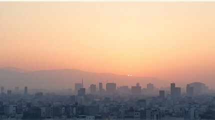 Fototapeta premium Minimalist sunrise view of Athens skyline with soft pastel sky gentle haze over distant buildings large negative space clean composition subtle warm tones balanced proportion