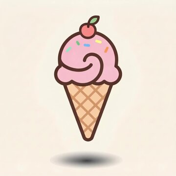 A cartoon-style pink ice cream cone with a cherry on top and colorful sprinkles, in a whimsical flat design, against a beige background, conveying a sweet treat