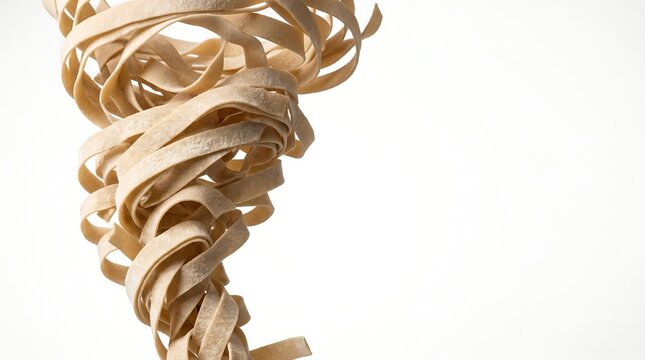 Dynamic swirl of fresh handmade fettuccine pasta forming a rustic tornado shape against a clean white background