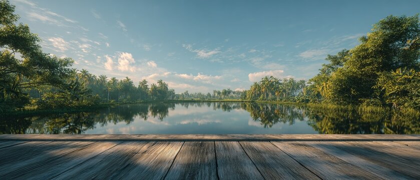 Tranquil lake view with wooden deck and lush greenery under blue sky