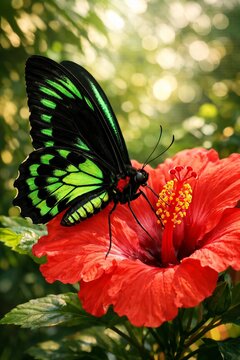 Majestic Birdwing Butterfly with neon green and black wings resting on a scarlet Hibiscus. Sharp detail on wing scales and stamen with dreamy bokeh in a tropical garden
