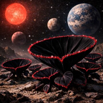 Deep black velvet leaves in parabolic shapes with crimson crystalline fringes. Dark sky featuring other Trappist planets. Surreal landscape with dramatic shadows and photorealism
