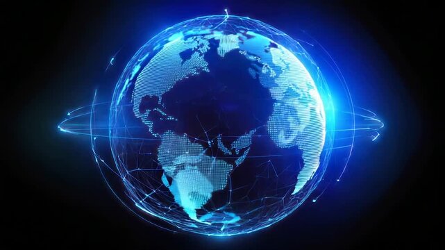 A glowing, digital representation of Earth, connected by light trails against a dark background
