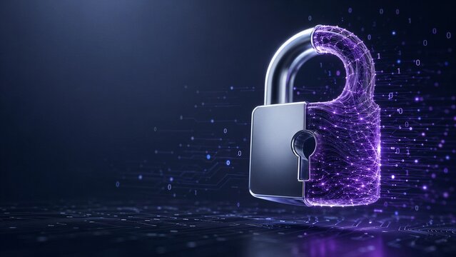 3D lock icon partially composed of chrome and intertwined neon violet strings. Flying binary code and microchip patterns on a navy blue and slate grey background