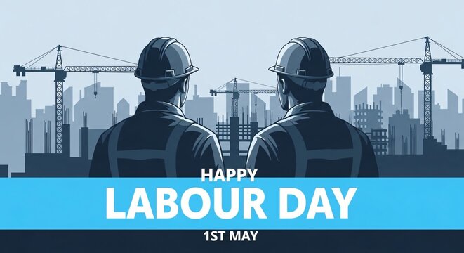 Labour Day graphic with construction workers and city skyline