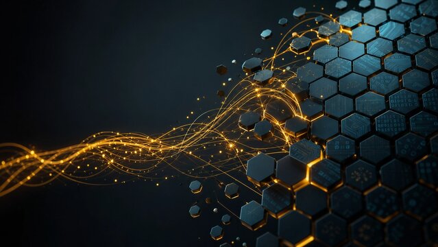 Floating hexagonal matrix partially deconstructing into glowing gold strings. Features microchip textures and binary code on a charcoal and teal gradient. Elegant corporate aesthetic