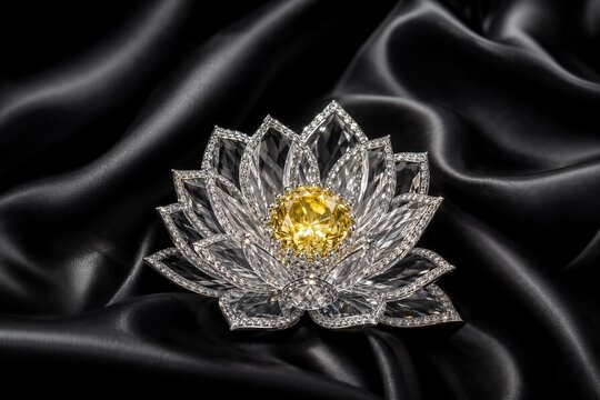 Exquisite jewelry lotus made of rock crystal and diamonds resting on rippling black silk. Featuring a large glowing canary yellow diamond center. Elegant and sophisticated high contrast