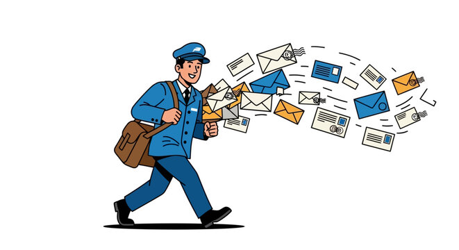 Cartoon postman delivering mail with flying letters on white background