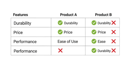 Product comparison chart showing features, price, durability, and performance with checkmarks and crosses © Jaka
